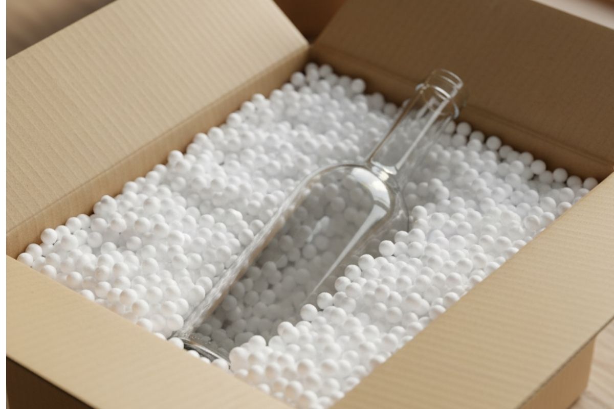 Flasche in Styroporkugeln